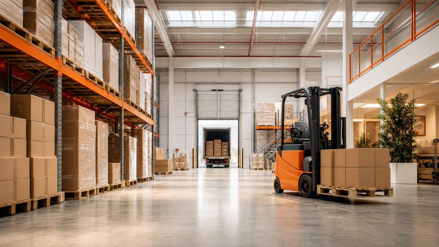 Modern fulfillment warehouse interior with organized pallets and an orange forklift